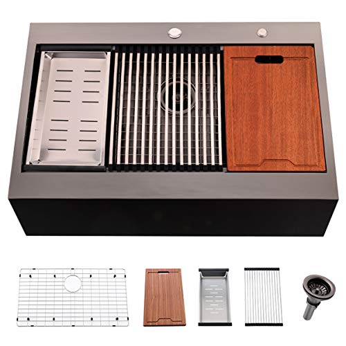 30 Inch Black Farmhouse Kitchen Sink Drop In (30"L x 22"W x 10"D / Black (Drop In Flat Apron))