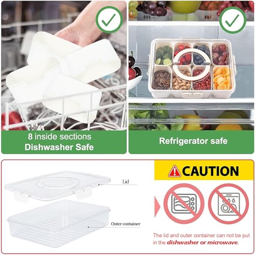 2Pcs Snackle Box Snack Containers with Lid Divided Serving Tray with Handle (8 Compartments-2pcs / White)