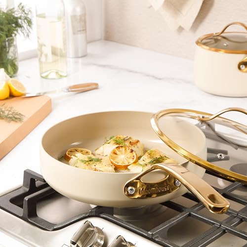 Saute Deep Frying Pan Skillet with Lid (Almond Cream w/ Gold Handle / Deep Fry Pan w/ Lid (10-Inch))