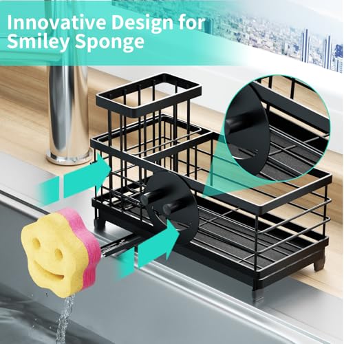 Sponge Holder for Kitchen Sink (Black / with Smiley Face Sponge Holder（single）)