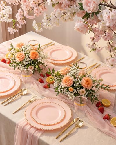 180Pcs Elegant Pink Gold Dinnerware Set for Party Wedding (Pink and Gold Plastic Dinnerware Set / 180PCS)