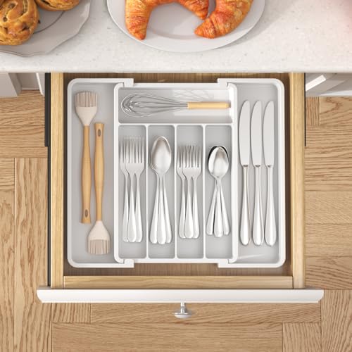 Expandable Silverware Drawer Organizer (White / Medium Wide(8.5-14''W x 12''D))