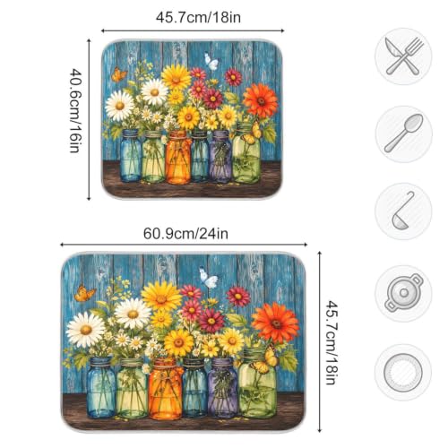 Daisy Flowers Vases Butterfly Dish Drying Mat for Kitchen Counter Absorbent Microfiber Drying Pad (18" x 24")