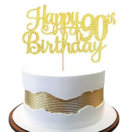1 PCS Happy 90th Birthday Cake Topper Gold Glitter Cheers to 90 Years Birthday Cake Pick 90 Fabulous Cake Decoration for Happy 90th Birthday Theme Party Decorations Supplies (Gold / 90th)