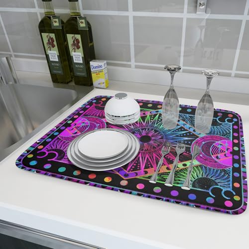 Purple Absorbent Dish Drying Mat Sun and Moon Microfiber Drying Pad for Kitchen Counter Decor Large (Hippie Bohemian 829 / 24" x 18")