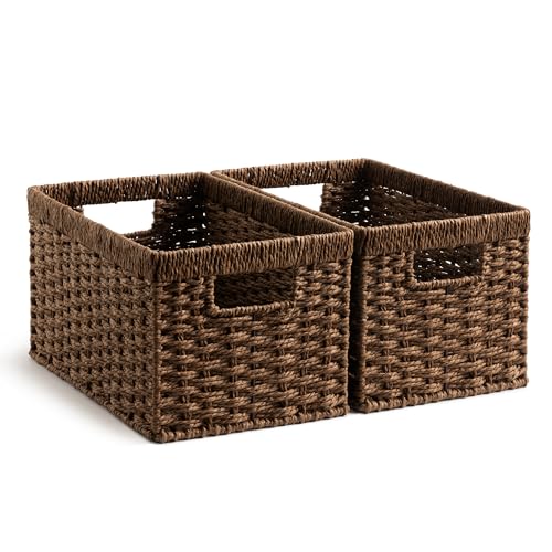 Rectangular Wicker Storage Baskets for Organizing (Dark Brown (Paper Rope) / 2x 13"L x 8¼"W x 7"H)