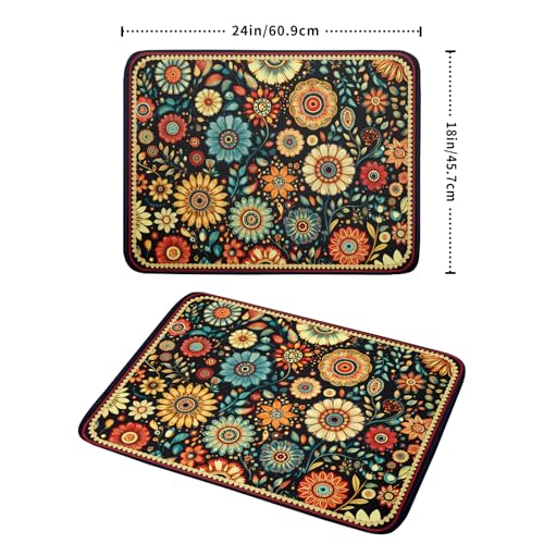 Boho Floral Dish Drying Mat for Kitchen Counter Absorbent Microfiber Flowers Drying Pad 18 X 24 In (Boho Floral Black A / 24" x 18")