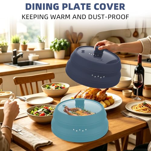 Tall Microwave Splatter Cover Glass Cover Guard Lid 6 inch Height with Collapsible Silicone for Food Pot Plate 12.5 inch Dark Blue (DARK BLUE / Taller style 12.5 inch)