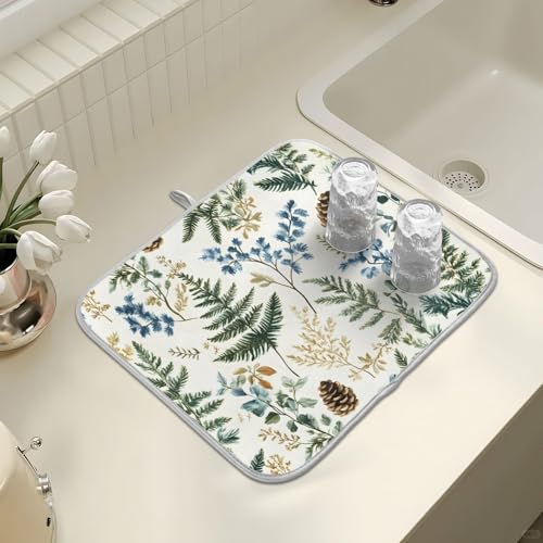 Vintage Herbs Fern Leaves Floral Plant02 Dish Drying Mat for Kitchen Counter Absorbent Microfiber Large Drying Pad Dish Mats for Kitchen Countertops 18 x 24 Inch (24" x 18")