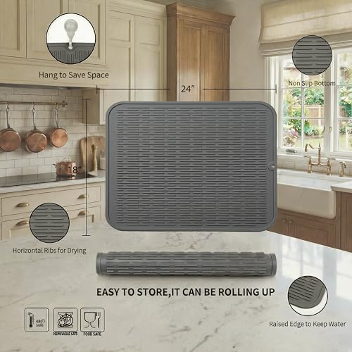 Silicone Dish Drying Mat for Multiple Usage (Gray / 24"L x 18"W)