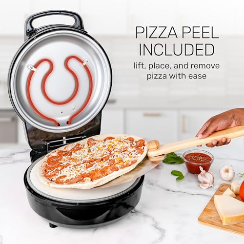 Homecraft Stone Baked Pizza Oven (Pizza Oven – 12in Woodfired Style Indoor Electric Countertop Pizza Maker – Ceramic Stone & Stainless Steel Peel – Variable Temp Control to 750°F – Homemade Pizza in Minutes-Black)