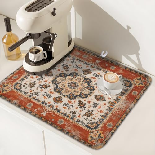 Ethnic Boho Dish Drying Mat Rust Coral Floral Decorative Dishes Pad 16x18 Inch Absorbent Fast Dry Drainer Rack Mats for Kitchen Countertop (Ethnic Boho Orange / 16x18 inch)
