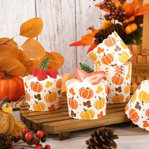 100Pcs Fall Paper Baking Cups Pumpkin Maple Leaf Cupcake Wrappers Orange Yellow Brown Scalloped Edge Cupcake Muffin Cases for Autumn Thanksgiving Dessert Decoration (Fall Pumpkin)