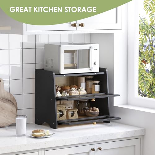 Double Layer Bread Box Container for Kitchen Countertop Homemade Bread (Black / 2 Tier-Medim)