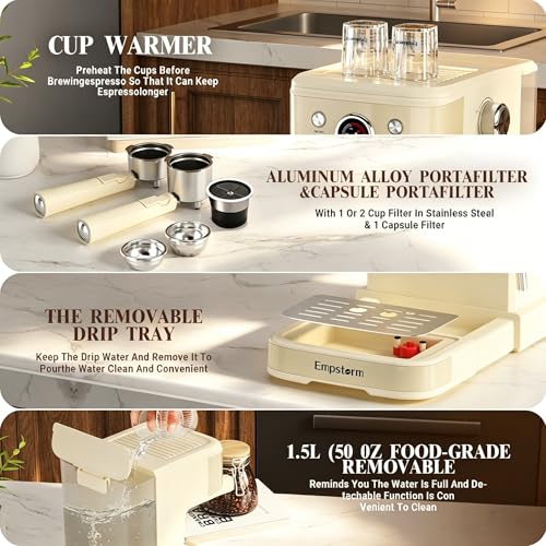 04E 20 Bar Espresso Machine with Milk Frother Steam 1100W White (Minimalist)