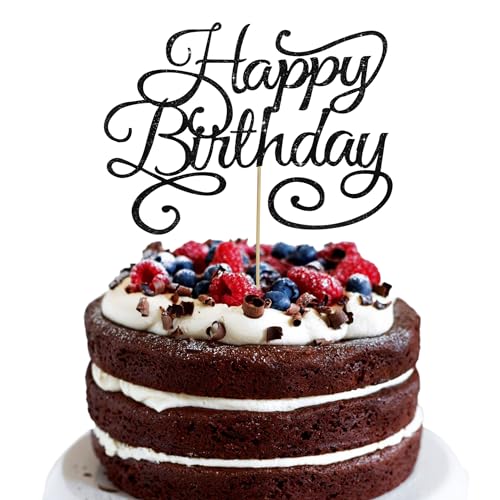 Happy Birthday Cake Topper Black Glitter Happy Birthday Cake Bunting Decoration Birthday Party Cake Decoration Supplies (Black-002)