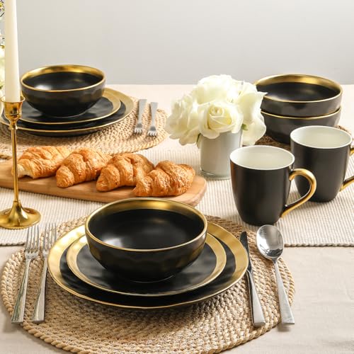 Ceramic Salad Bowls Set for Kitchen (Black with Golden)
