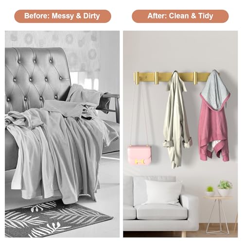 Gold Wall Mount Coat Rack (Gold / 5 "T" Hooks, 2PACK)