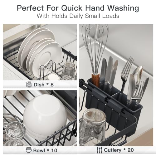 Grey Expandable Dish Drying Rack Over Sink with Extra Drying Mat (Gray / For 13"-30" W Sink with Mat)