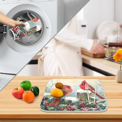 Winter Birds Snowflakes Berry Dish Drying Mat for Kitchen Counter Absorbent Microfiber Small Christmas Drying Pad Dish Mats for Kitchen Countertops 16 x 18 Inch (18" x 16")