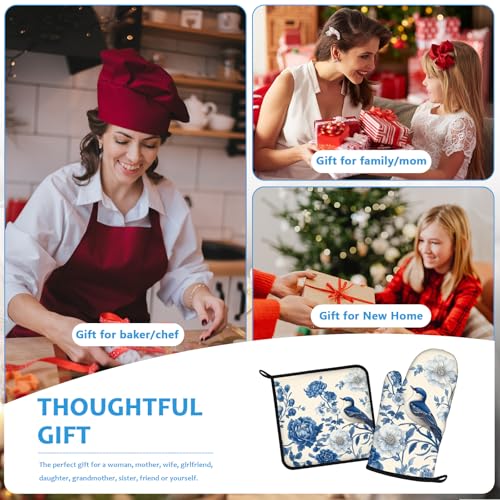 Blue Bird Blooming Flower Oven Mitts and Pot Holders Sets Heat Resistant 4Pcs Potholders Oven Gloves Hot Pads for Kitchen Baking Cooking Grilling BBQ (Bird Blooming Flower)