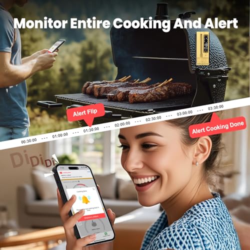 WiFi Sub 1G Wireless Meat Thermometer Unlimited Range 7 NIST Certified Sensors with Ambient Temp 2 Temp Monitoring Ways Digital Smart Base and App for BBQ (Single-Probe-Bamboo)