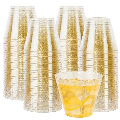 100 Pcs Gold Plastic Cups (Glitter-9oz-100)