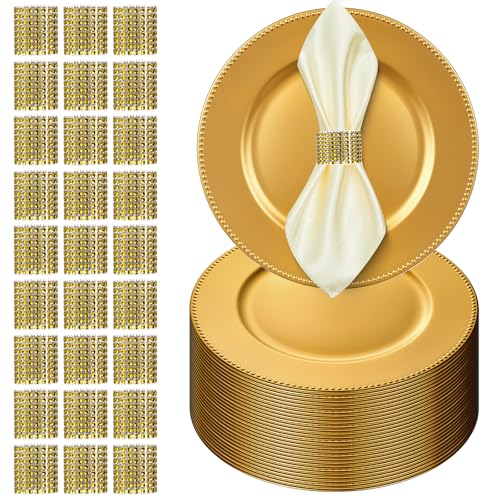 100 Pcs Gold Charger Plates Set Includes 50 Round Chargers 50 Napkin Rings (100PCS （50 Sets）)