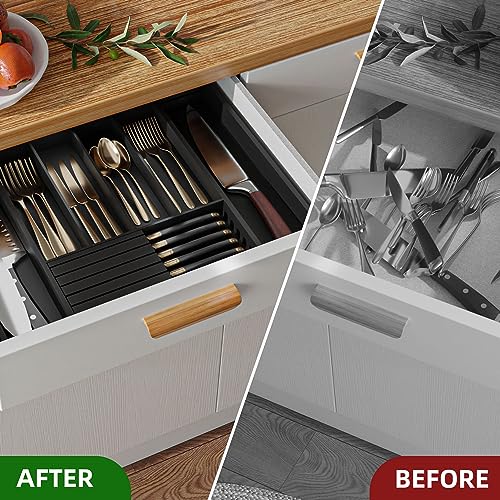 Utensil Organizer Silverware Tray for Drawer (Black)