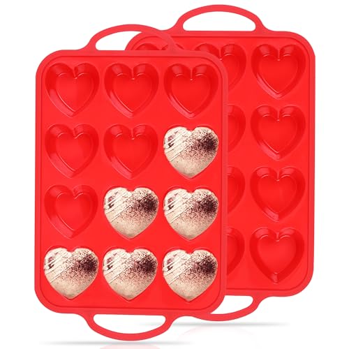 12 Cup Heart Shaped Silicone Muffin Pan for Baking with Metal Frame (Red / 12-Cup Heart)
