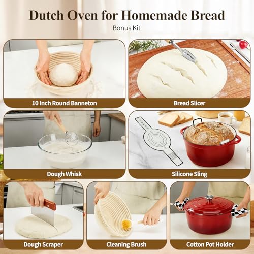 Enameled Cast Iron Dutch Oven pot 6.5 QT with Lid for Bread Baking (Cherry Red)