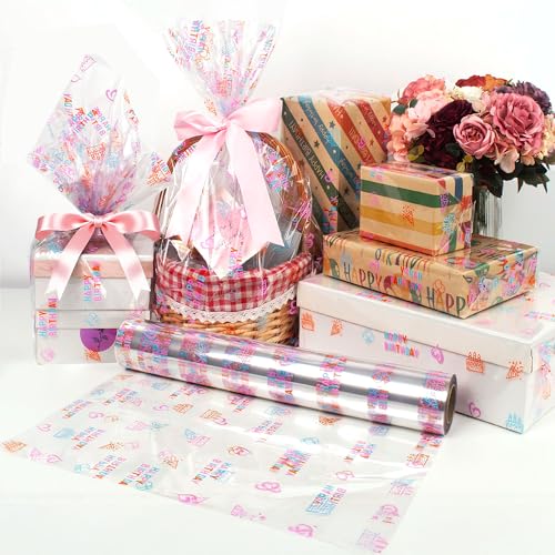 Happy Birthday Cellophane Wrap Roll (Birthday 35in Wide x 50ft Long)