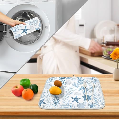 Coastal Sea Star Coral Nautical Dish Drying Mat for Kitchen Counter Absorbent Microfiber Small Drying Pad Dish mats for Kitchen Countertops 16 x 18 Inch (Coastal Sea / 18" x 16")