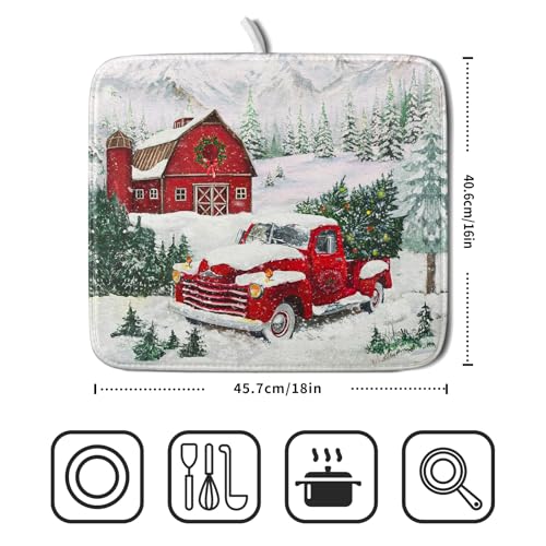 Winter Red Truck Dish Drying Mat Christmas Tree Dishes Pad 16x18 Inch Dish Drainer Rack Mats Absorbent Fast Dry Kitchen Holiday Accessories (Christmas Red Truck / 16" x 18")