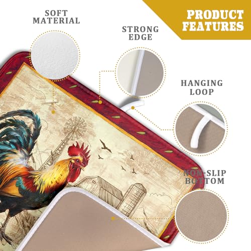 Farm Rooster Dish Drying Mat for Countertop 16x18 Inches Red Rustic Chicken Absorbent Microfiber Dry Dishes Pads Kitchen Counter Accessories (Red Rooster / 16" x 18")
