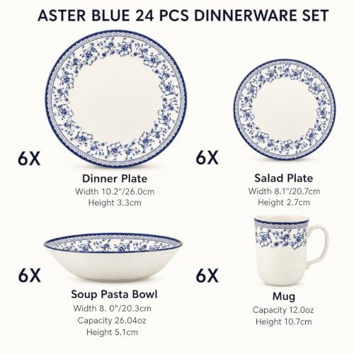 24 Piece Porcelain Dinnerware Set for 6 (Aster Blue / 24)