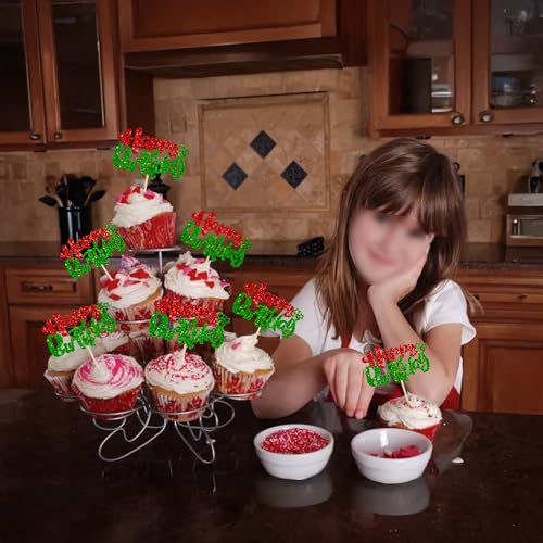 24Pcs Happy Birthday Cupcake Toppers Double Layer Glitter Happy Birthday Cake Decorations for Christmas Theme Baby Shower Anniversary Party Decorations Supplies Red Green (Style 1 / Red Green)