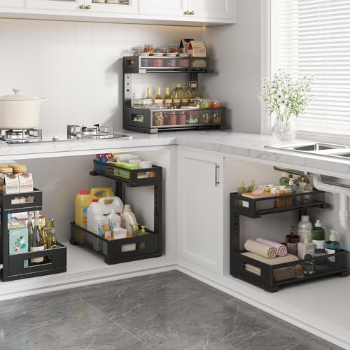 1 Pack-11.4"-16.14"H Under Sink Storage Organizer, Large 2-Tier Elegant Mesh Pull Out Shelf for Kitchen and Bathroom Cabinet Organization, L-Shaped and Adjustable Height Design for Maximum Space-Black (Black / 1 Pack-15.74"Dx11.4"-16.14"H)