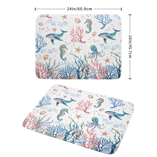 Coastal Ocean Dish Drying Mat Seahorse Whales Drainer Rack Mats 18"x24" Absorbent Microfiber Dish Drying Pad Protector for Kitchen Counter (Coral Ocean / 24" x 24")