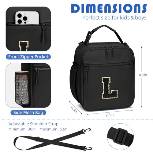 Lunch Box Kids Large Initial Insulated Lunch Bag for Girls (Black / L)