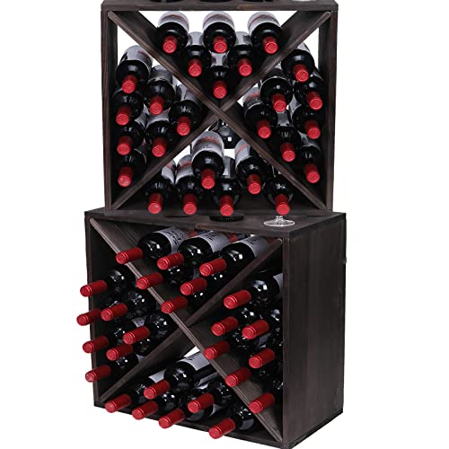 Wine Racks countertop Solid Wood Stackable Storage Rustic Retro Cube 48 ((48bottleblack))