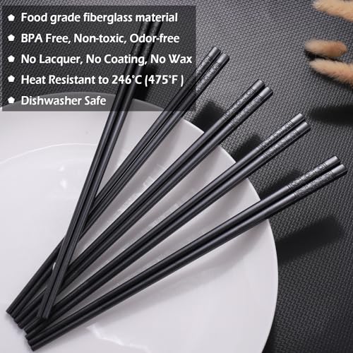 5 Pairs Premium Chopsticks Reusable Dishwasher Safe 9.5 Inch Fiberglass Chop Sticks Gift Set Non Slip Lightweight Cherry Blossom Pattern (Black Cherry Blossom)