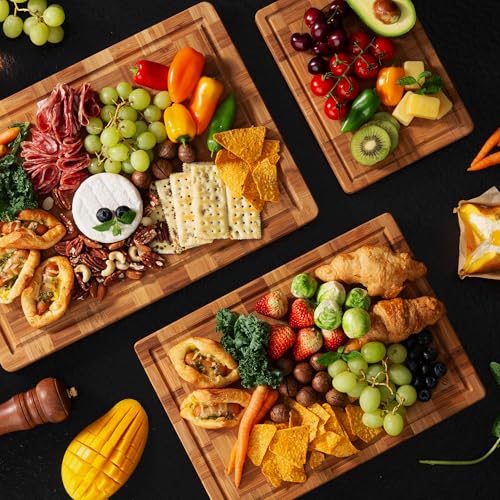3 Pack Heavy Duty Bamboo Cutting Board Set Non Toxic Wooden Cutting Board for Kitchen Non Slip Solid End Grain Thick Wood Juice Groove Chopping Board Extra Large Butcher Block Best House Warming Gift (Multiple Sizes (Set of 3))