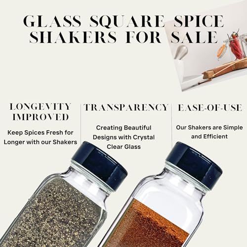 8 oz Glass French Square Spice Jars with Shaker Lids (French Square 8oz Black Set of 2)