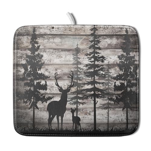 Forest Deer Dish Drying Mat Wildlife Animal Decorative Microfiber Dishes Pad 16x18 Inch Absorbent Reversible Kitchen Counter Drainer Mats (Black Forest Deer / 16" x 18")