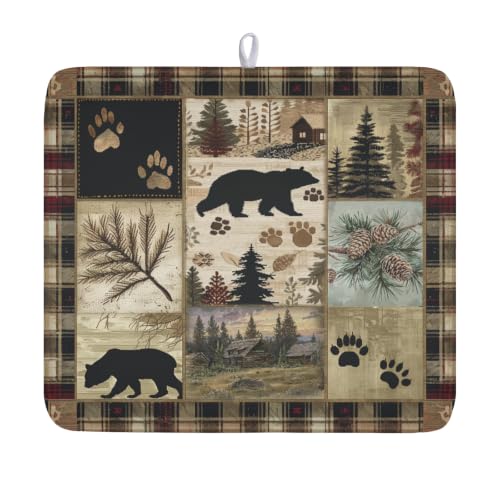 Black Bear Dish Drying Mat Forest Cabin Decorative Dishes Pad 16x18 Inch Absorbent Fast Dry Dish Drainer Rack Mats for Kitchen Counter Sink (Black Bear / 16" x 16")