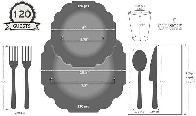 " OCCASIONS " 960 Piece set (120 Guests)-Heavyweight Wedding Party Disposable Plastic Plate Set -120 x 10.5''+ 120 x 8''+Silverware+12oz Cups+Napkins (Imperial Aqua & Silver)