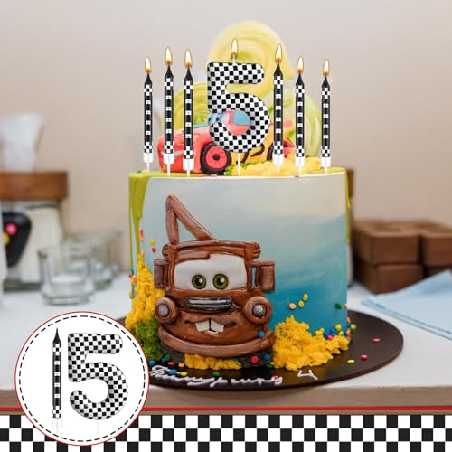 13 Pcs Racing Cars Themed Birthday Candles Black and White Race Number 5 Checkered Candle Cake Topper for Racing Car Party Decoration Supplies (13 Count)