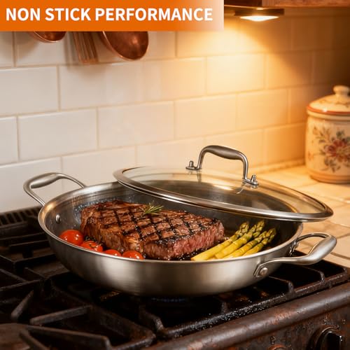 12 Inch Stainless Steel Nonstick Wok Pan with Lid 5Qt Pot (12 Inch/Double Handle)