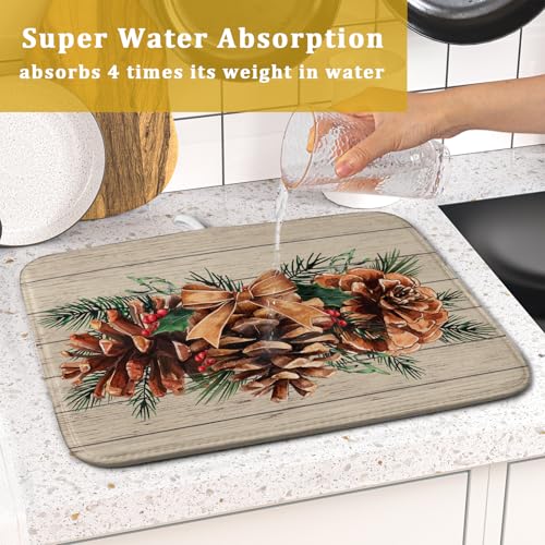Winter Pine Cone Dish Drying Mat Holly Berries Dish Draining Mat Microfiber Washable Dish Drainer Rack Mat for Home Kitchen Counter 16"x18" (Winter Pine Cone / 16" x 18")